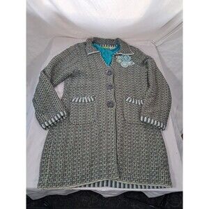 Sigrid Olsen Knit Overcoat Flower Applique Accent Boho Green Blue Coat READ